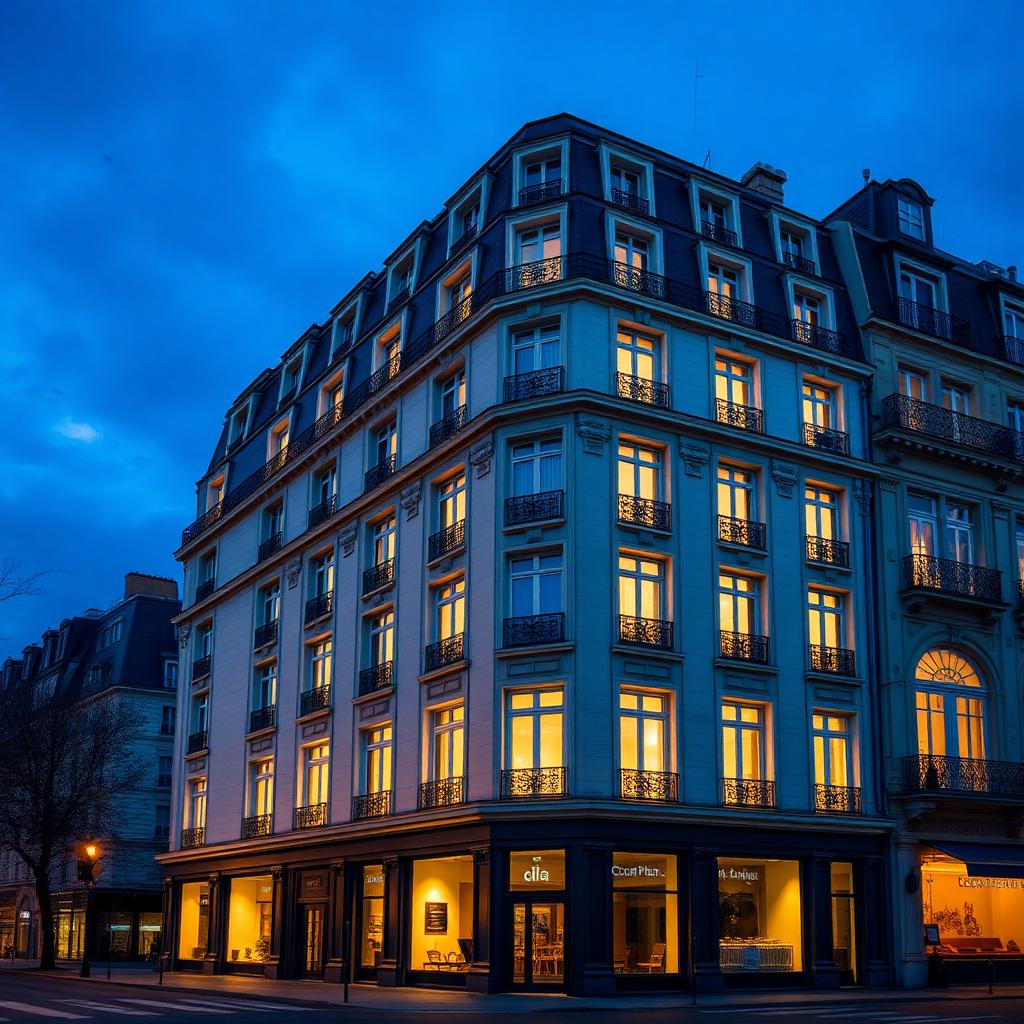 Immeuble d'entreprise au crépuscule